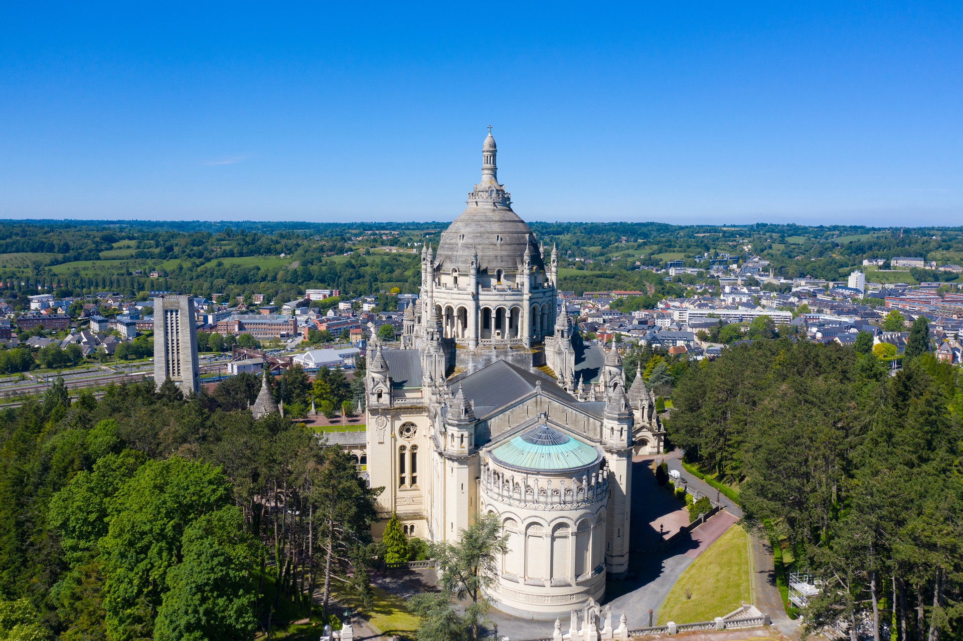 France, Calvados department, Lisieux, Aerial view of Basilica of St. Therese of Lisieux in Normandy